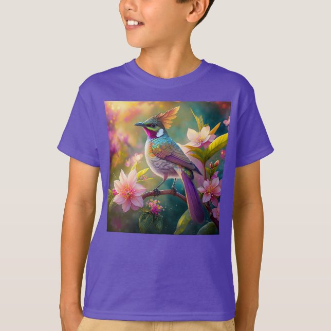 Camiseta Pássaro Fantástico Laranja Cotoso Arco-Íris (Frente)