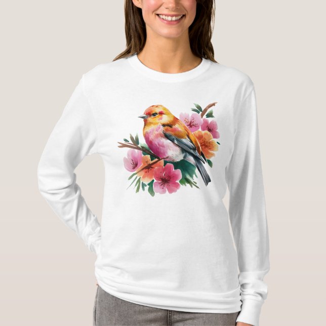Camiseta Passaro Flor Rosa (Frente)