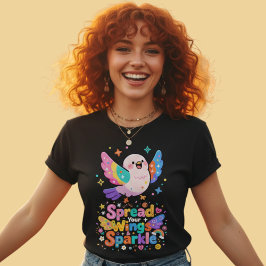 Camiseta Pássaro Kawaii Espalha Asas Brilho Citação