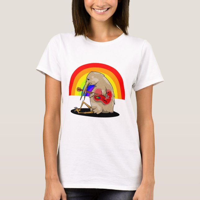 Camiseta Pássaro Kiwi tocando violão acústico (Frente)