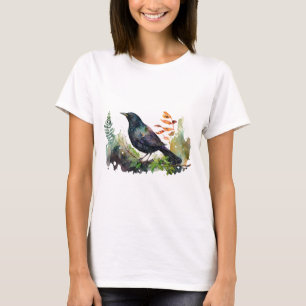 Camiseta Pássaro Preto em Galho em Aquarela