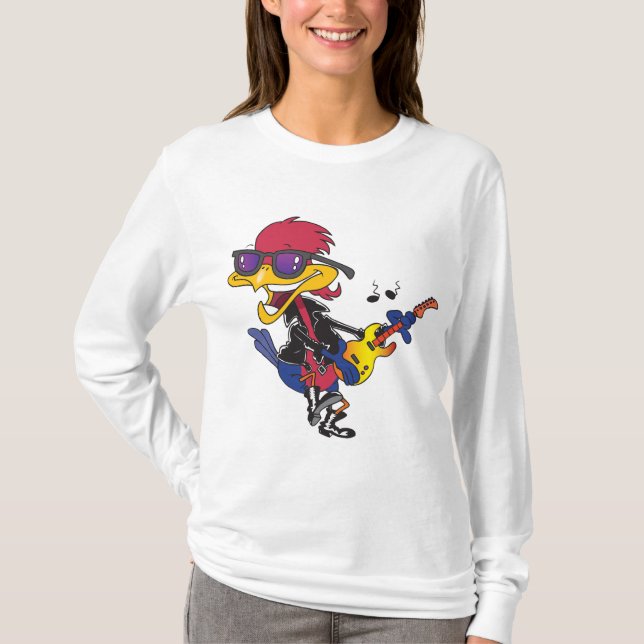 Camiseta Pássaro Roadrunner Rockstar Tocando Guitarra (Frente)