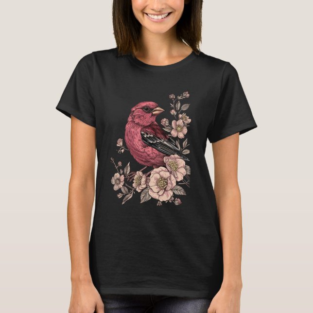 Camiseta Pássaro rosa com rosas (Frente)