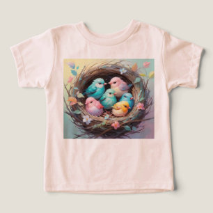 Camiseta Pássaros Adoráveis Pastel Num Ninho Floral