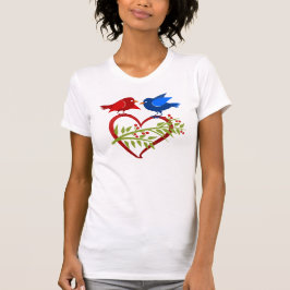 Camiseta Pássaros Apaixonados Azul e Vermelho com Coração 
