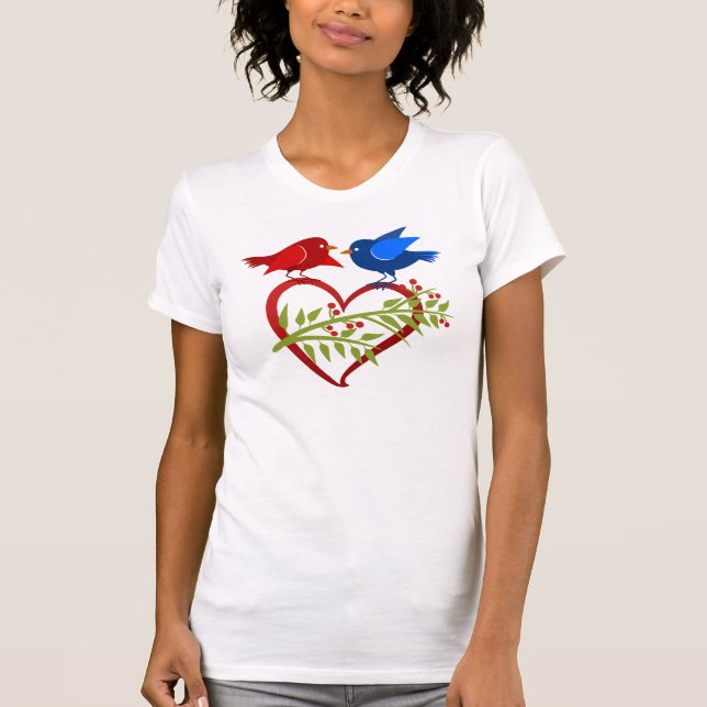 Camiseta Pássaros Apaixonados Azul e Vermelho com Coração  (Frente)