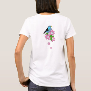 Camiseta Pássaros azuis, flores primavera, para a frente e 