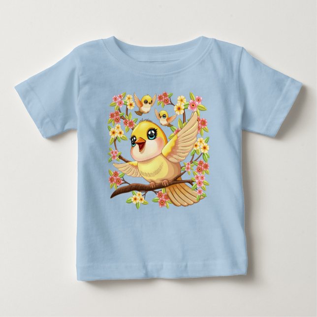 Camiseta Pássaros bonitos e felizes entre as flores da prim (Frente)