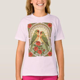 Camiseta Pássaros Canoros e Rosas Vermelhas Ilustrações Art