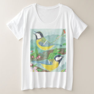 Camiseta Pássaros cantando em um galho de árvore florescent