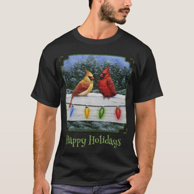 Camiseta Pássaros Cardinais De Inverno E Luzes De Natal Fel (Frente)