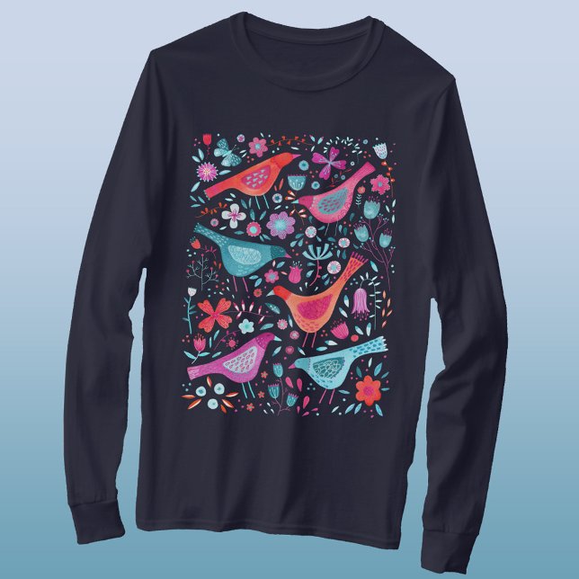 Camiseta Pássaros com aquarela em um Jardim Boho (Watercolor birds and wild flowers long sleeved t-shirt)