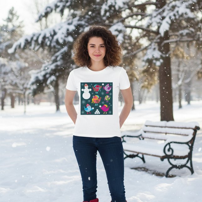 Camiseta Pássaros de inverno brincando em neve com boneco d (Criador carregado)