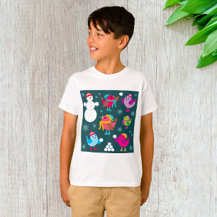 Camiseta Pássaros de inverno brincando em neve com boneco d
