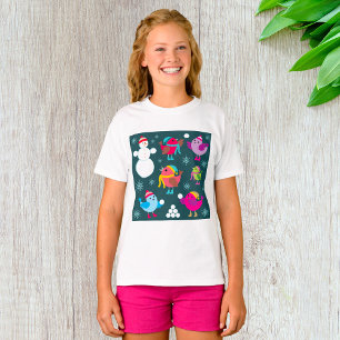 Camiseta Pássaros de inverno brincando em neve com boneco d