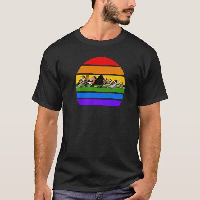 Camiseta Pássaros de Jardim Rainbow Bullfinch Robin Observa (Frente)