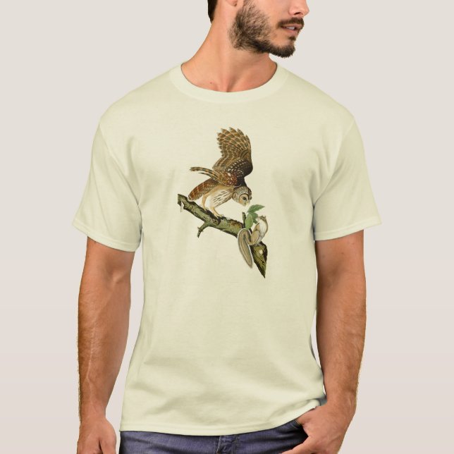 Camiseta Pássaros de John James Audubon da coruja barrada (Frente)