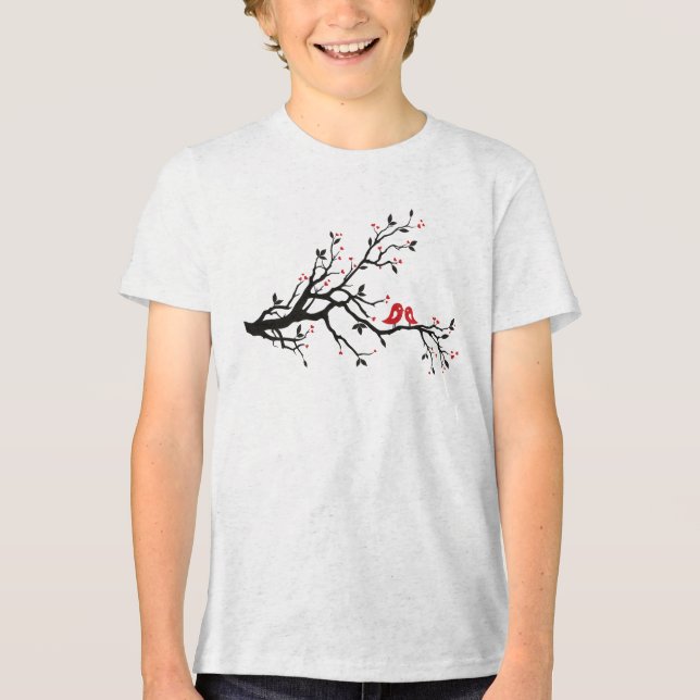 Camiseta Pássaros do Amor em Ramificação - Arte Romântica e (Frente)