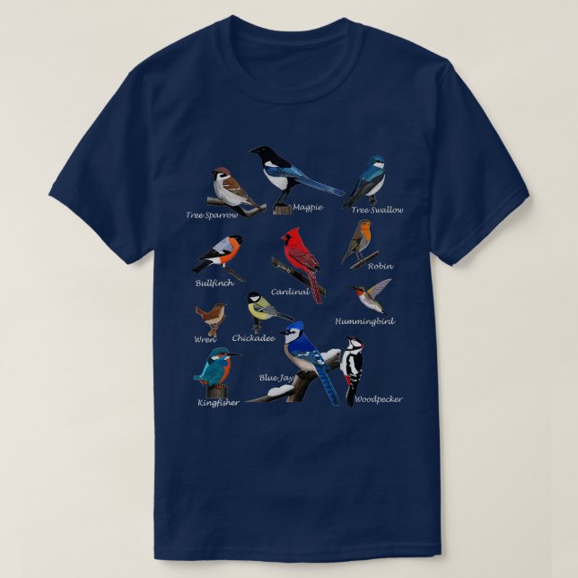 Camiseta Pássaros do Jardim Azul Jay Hummingbird Robin W (Frente do Design)