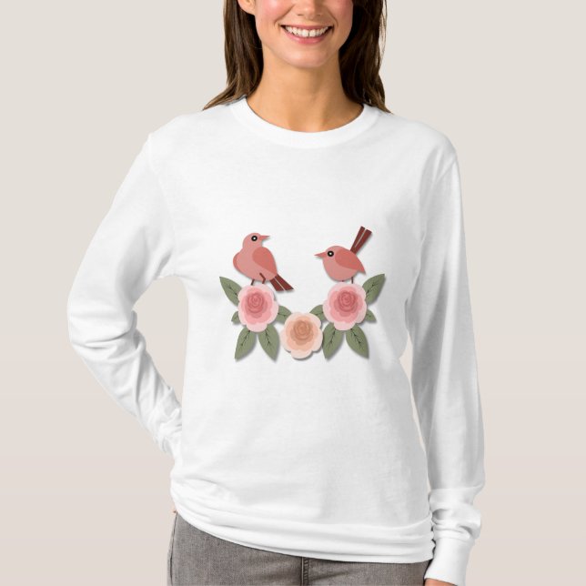 Camiseta Pássaros e Rosas de flores, cor-de-rosa, (Frente)