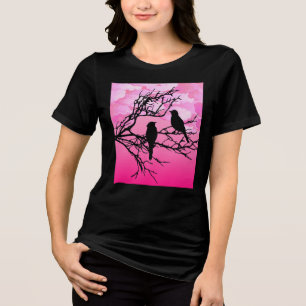 Camiseta Pássaros em um galho, Pretos contra o Rosa-amanhec