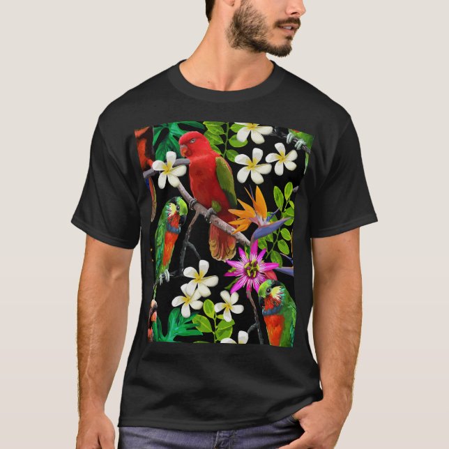 Camiseta Pássaros Exóticos Belos Padrões de Flores (Frente)