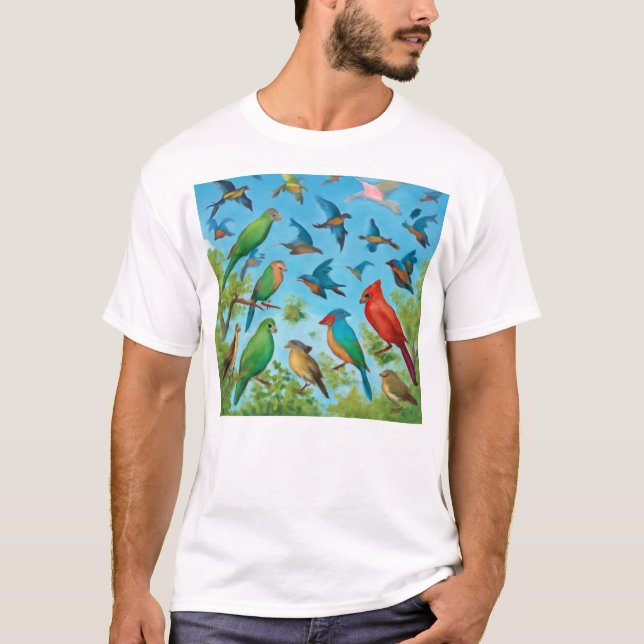 Camiseta Pássaros Geométricos – Liberdade em Voo Arte (Frente)