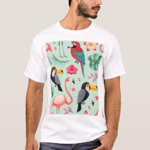 Camiseta Pássaros tropicais, flores, padrão de aquarela.