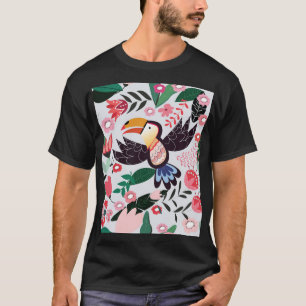 Camiseta Pássaros tropicais, padrão de rabiscos florais.