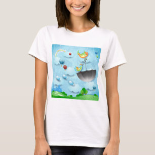Camiseta Pássaros voadores e guarda-chuva sobre a cidade