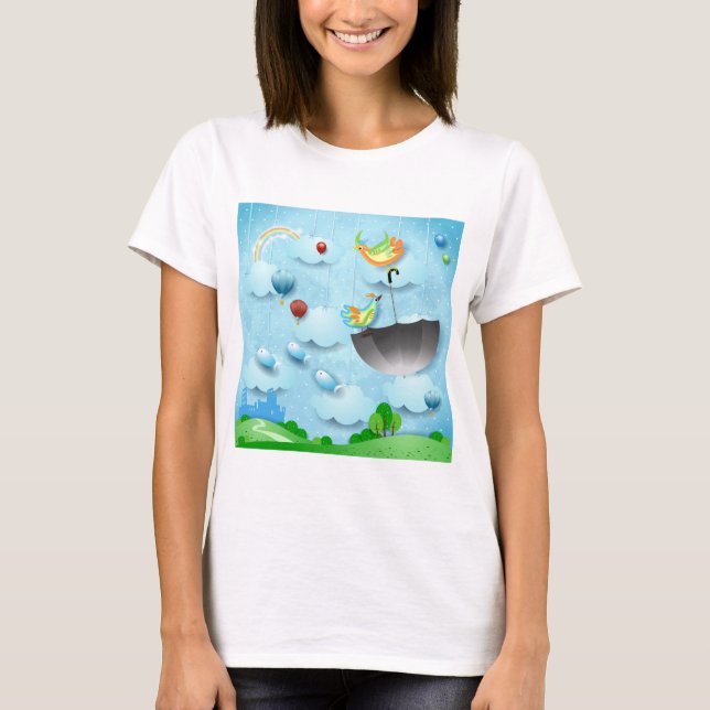Camiseta Pássaros voadores e guarda-chuva sobre a cidade (Frente)