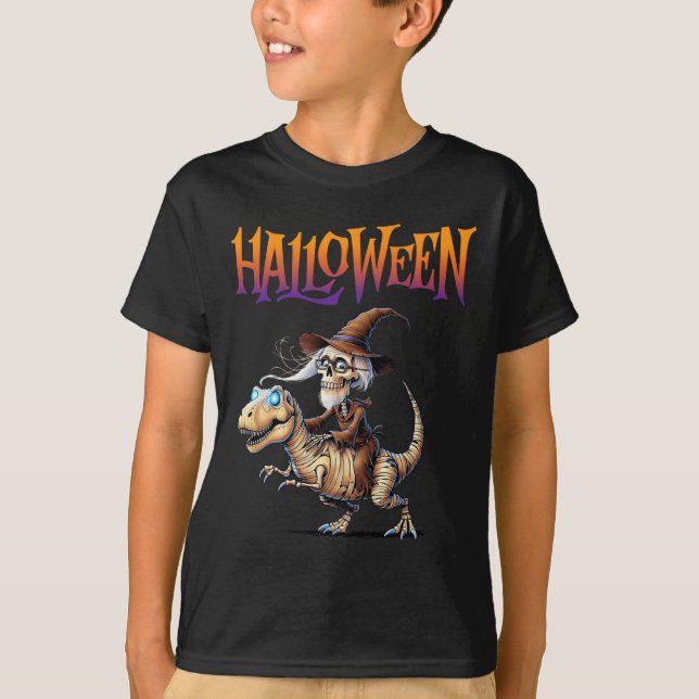 Camiseta Passeio de Esqueleto de T-rex de Halloween (Frente)