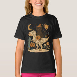 Camiseta Passeio de Gato Preto e T-Rex Múmia no Halloween