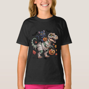 Camiseta Passeio do T-Rex Gato Preto e Múmia de Halloween