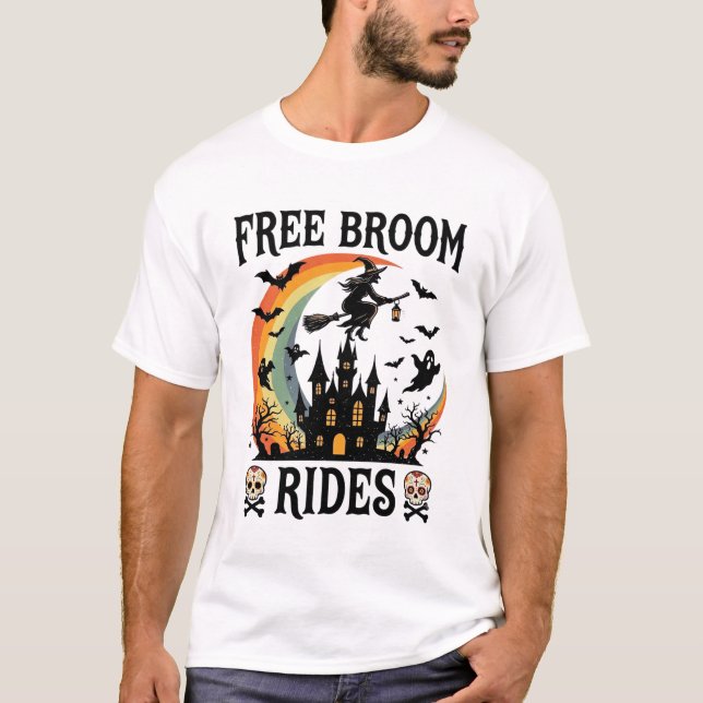 Camiseta Passeios de Vassoura Grátis Halloween Bruxa Castel (Frente)