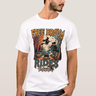 Camiseta Passeios de Vassoura Grátis Halloween Bruxa Caveir