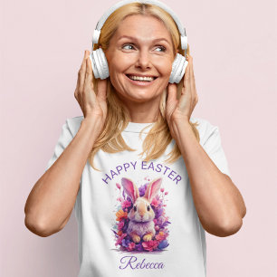 Camiseta Pastel Colorido Coelho da Páscoa e Florais de Aqua