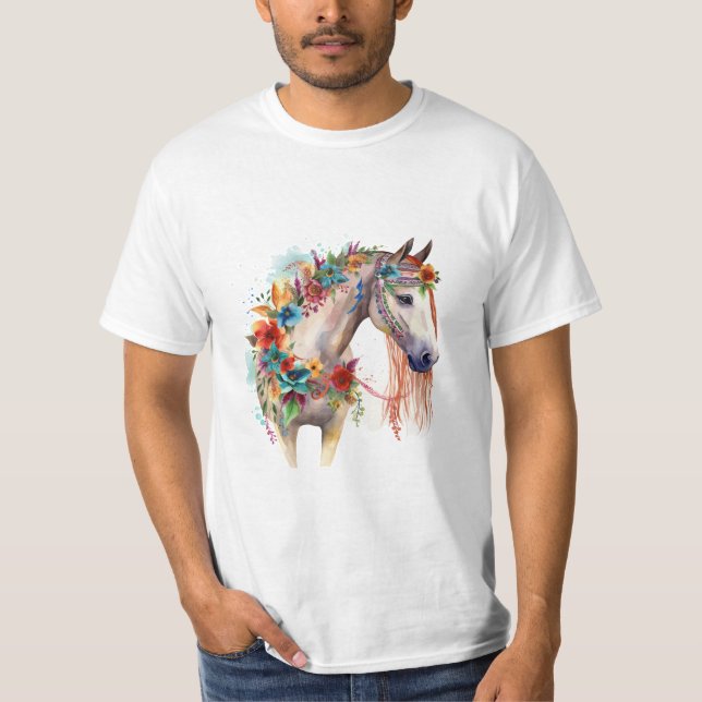 Camiseta Pastel de Boho Horso com Flor de Aquarela (Frente)