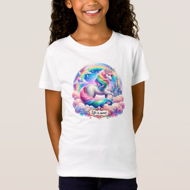 Camiseta Pastel de Unicórnio Arco-Íris para Menina (Frente)