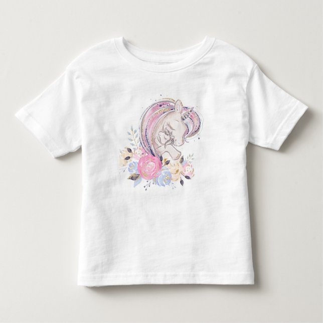 Camiseta Pastel Dourado Glitter Unicorn e Bebê com Flores (Frente)