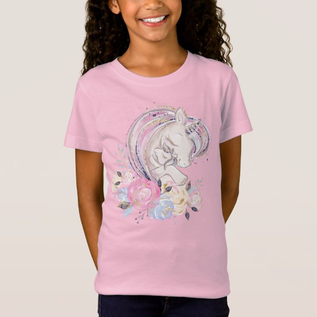Camiseta Pastel Dourado Glitter Unicorn e Bebê com Flores (Frente)