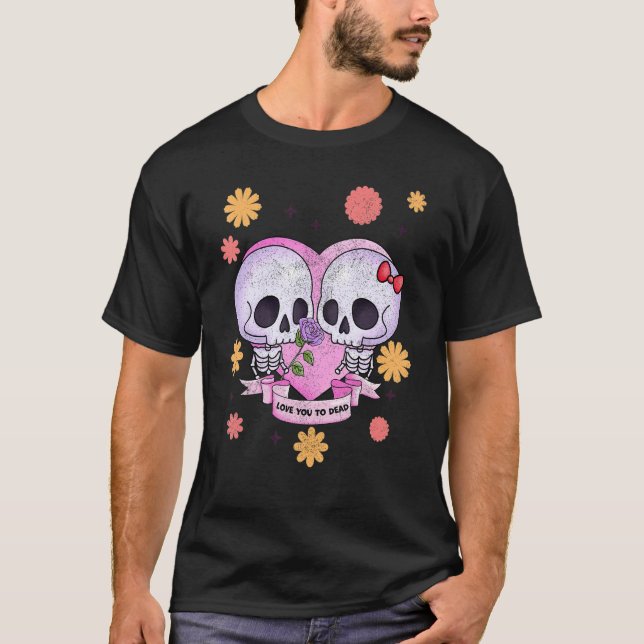 Camiseta Pastel Goth Cute Creepy Skull Skeleton Love you to (Frente)
