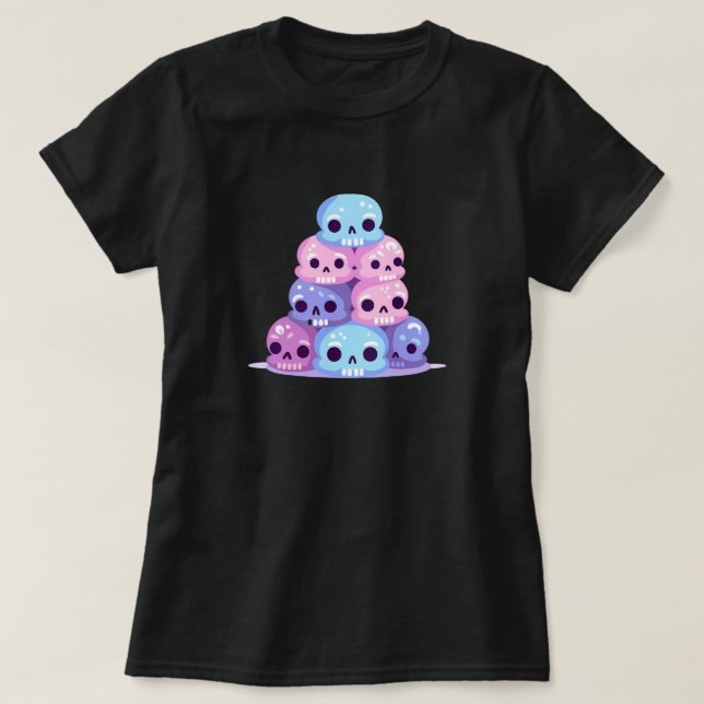 Camiseta Pastel Goth Pilha de Caveiras Fofas (Frente do Design)