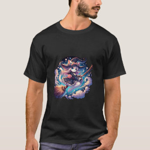 Camiseta Pastel Gótico Anime Voando Neko Witch Creepy Kawai
