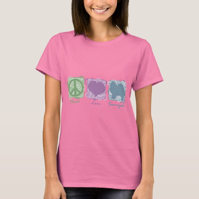 Camiseta Pastel Peace, Love e Samoyeds (Frente)