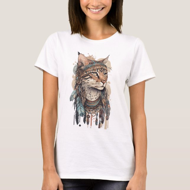 CAMISETA PASTEL WATERCOLOR BOHO CAT COM PENAS (Frente)