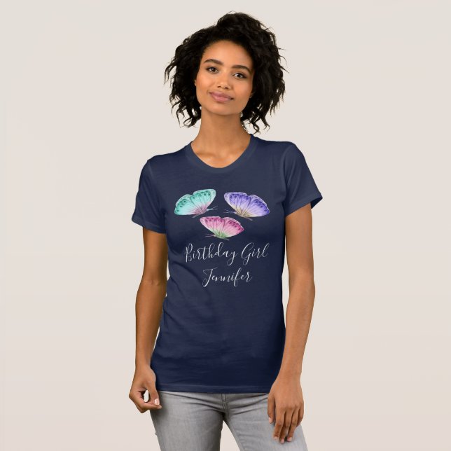 Camiseta Pastel Watercolor Butterflies Birthday Girl (Frente Completa)