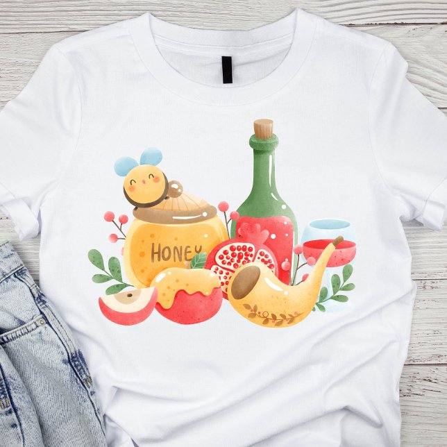 Camiseta Pastel Watercolor Rosh Hashanah - Símbolos (Criador carregado)