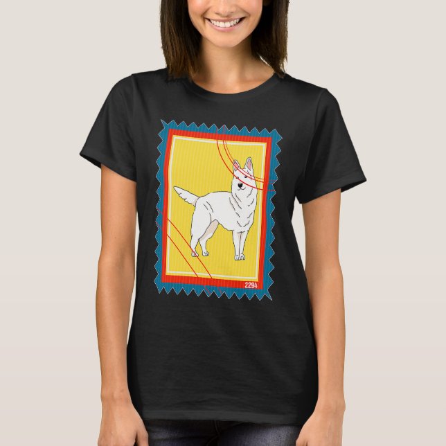 Camiseta Pastor Alemão Branco Selo Postal (Frente)