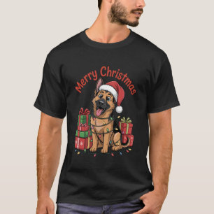 Camiseta Pastor Alemão Chapéu de Papai Noel Natal Xmas Aman
